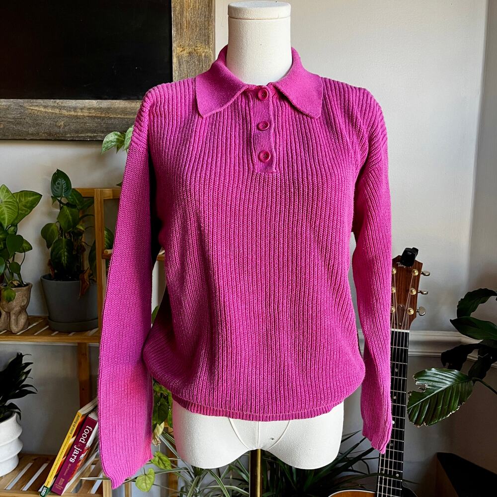 Vintage 90s Linen Cotton Sweater Pink Collared Knit Preppy Size Medium